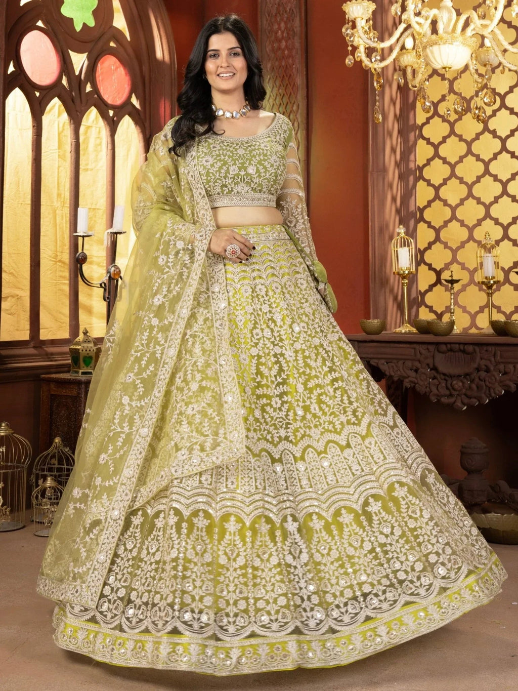 Lime green net embroidered sequins work lehenga choli with dupatta