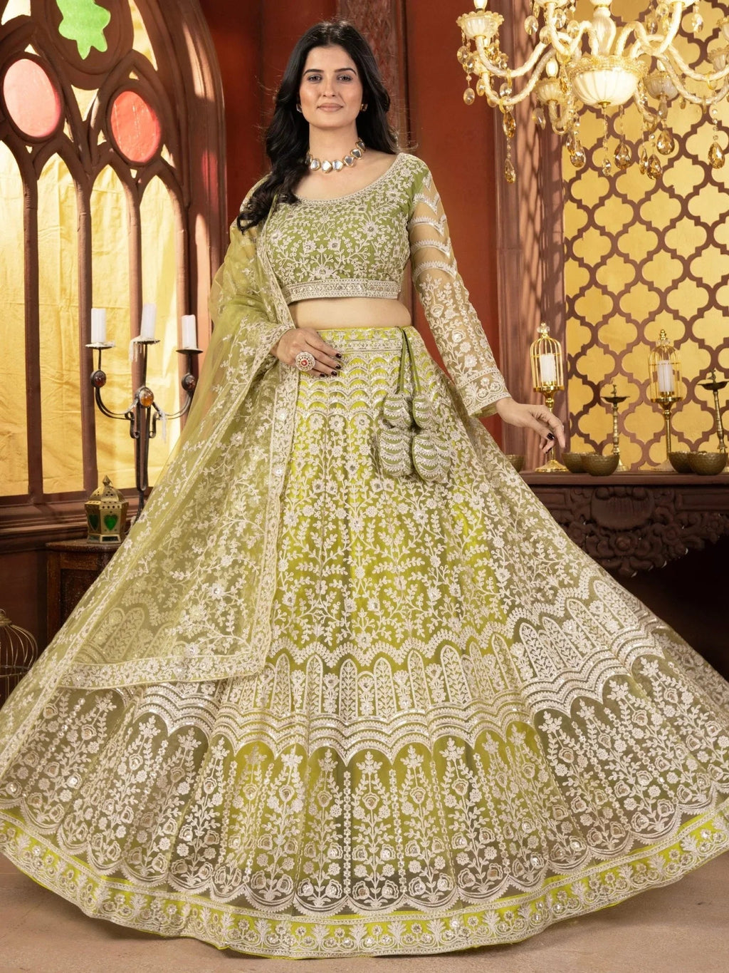 Lime green net embroidered sequins work lehenga choli with dupatta