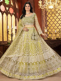 Lime green net embroidered sequins work lehenga choli with dupatta