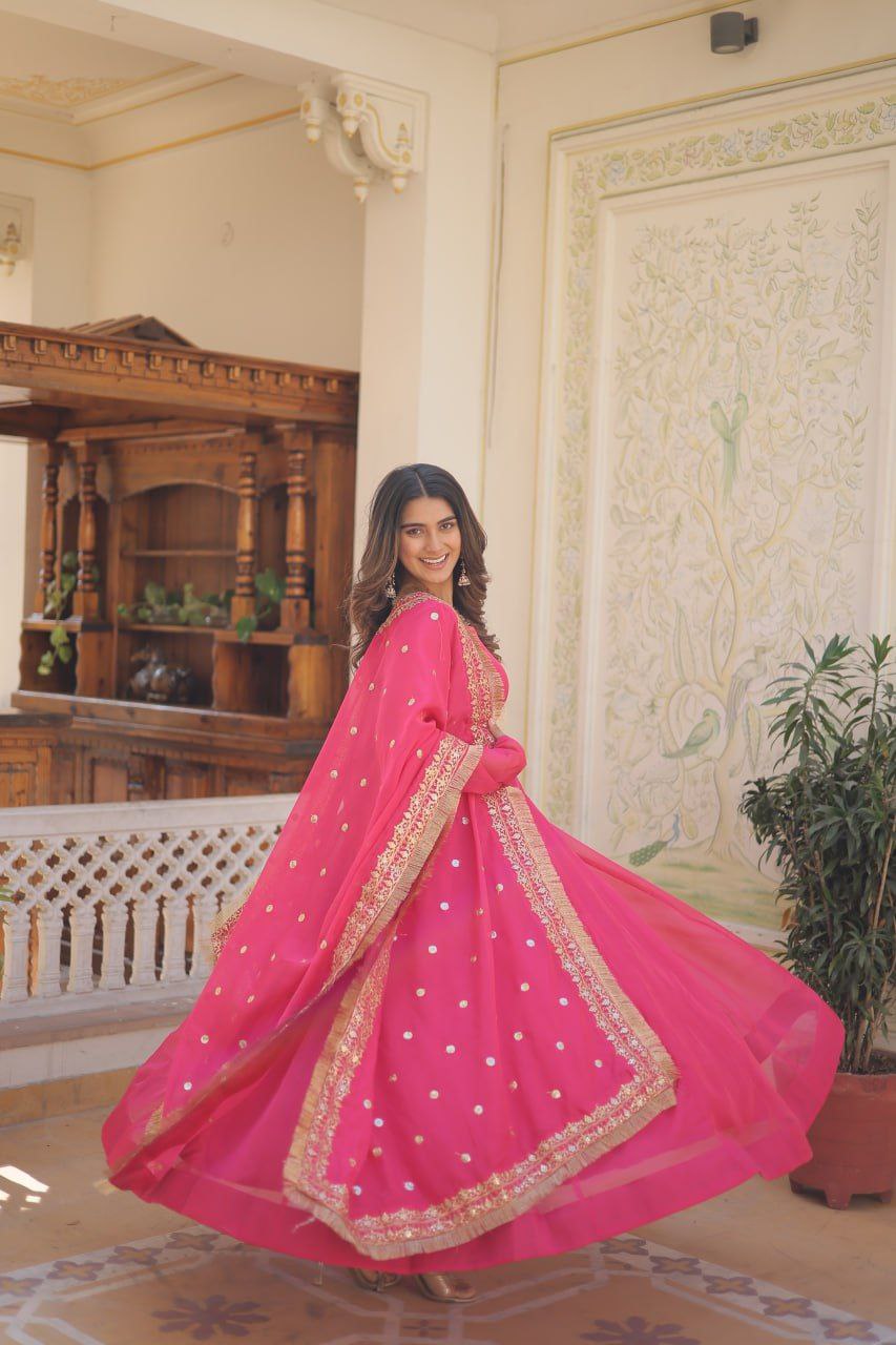 Kamakshi pink russian silk anarkali gown set