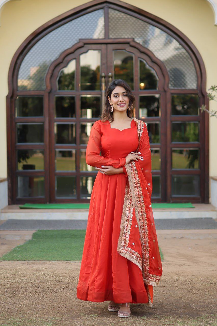 Kamakshi orange russian silk anarkali gown set