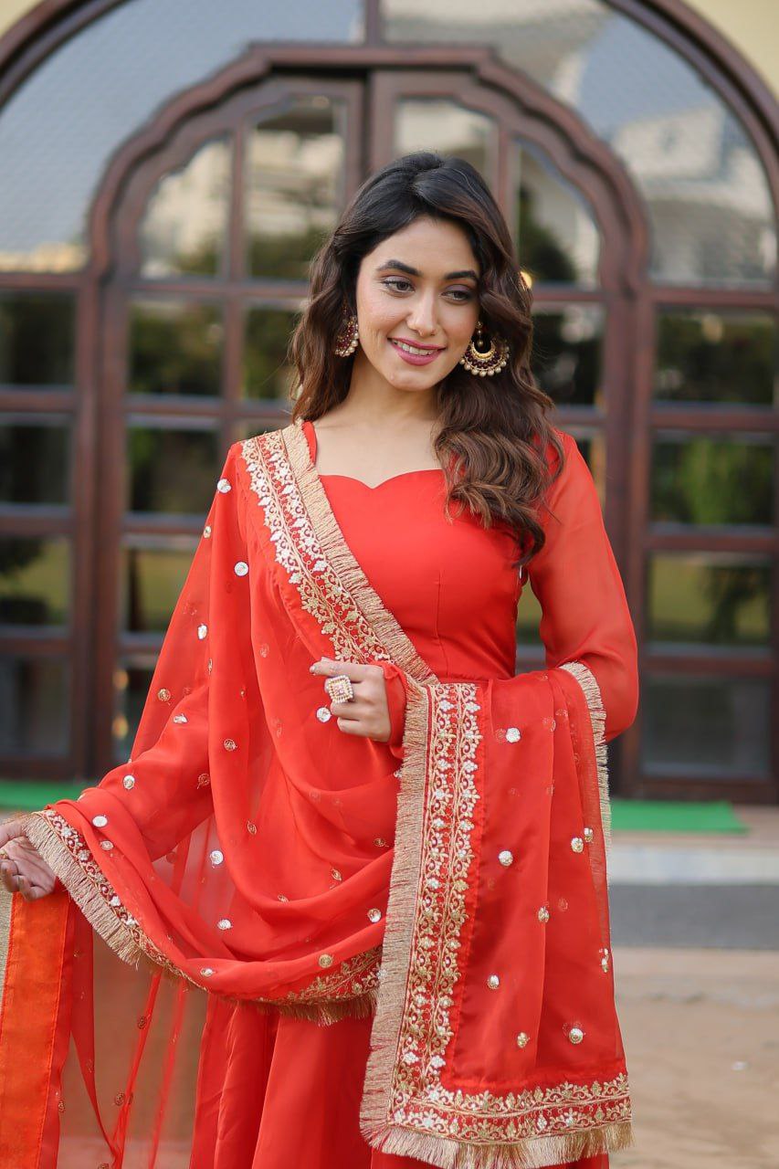Kamakshi orange russian silk anarkali gown set
