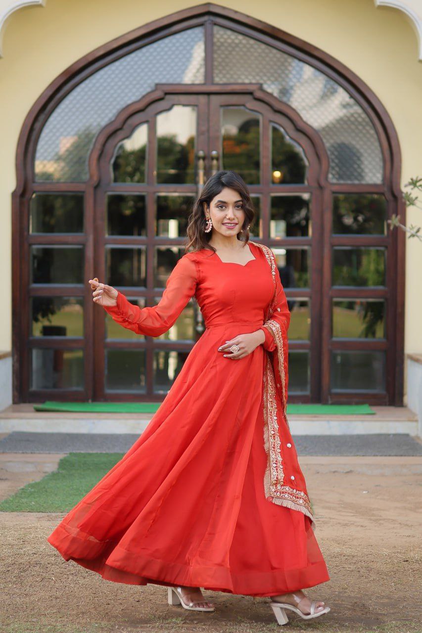Kamakshi orange russian silk anarkali gown set
