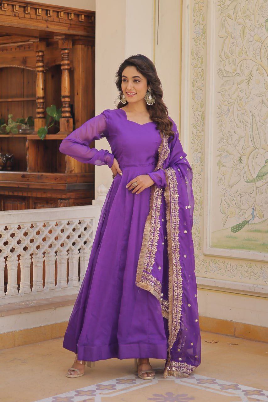 Kamakshi purple russian silk anarkali gown set