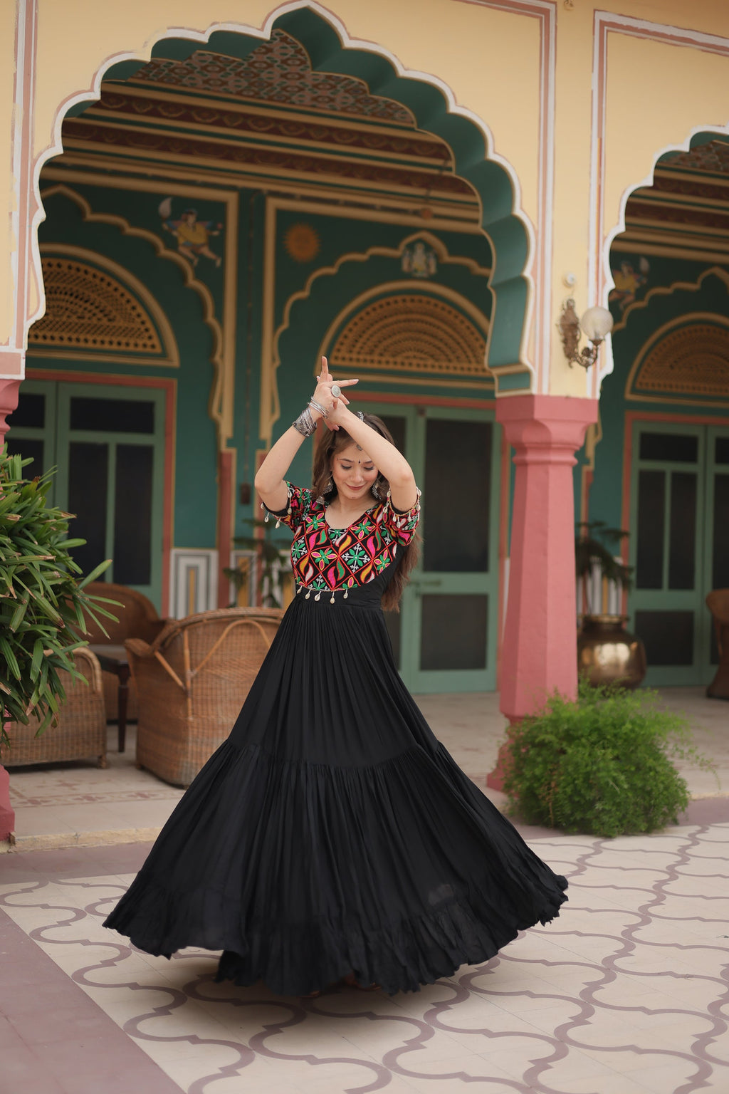 Black rayon Kutchi Gamthi embroidered Mahika designer gown