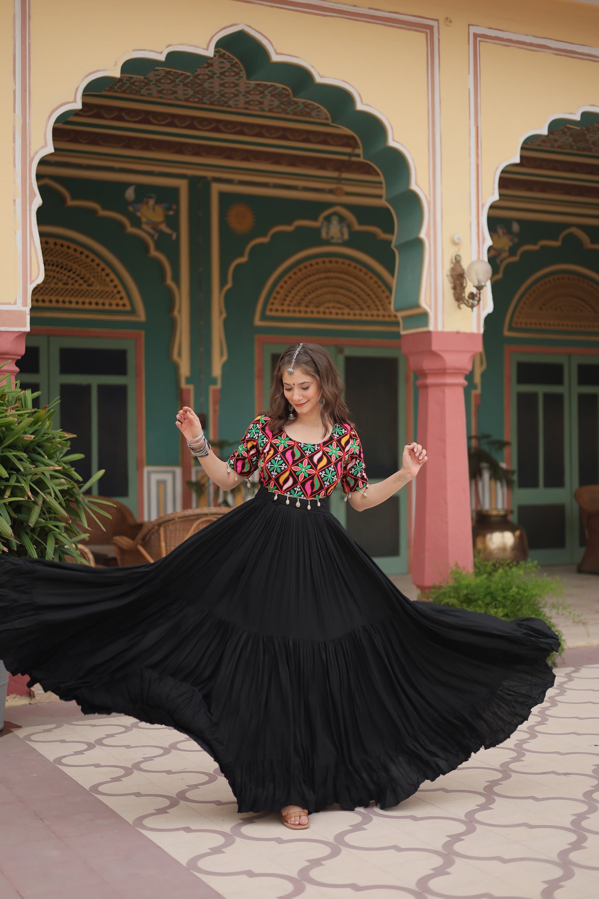 Black rayon Kutchi Gamthi embroidered Mahika designer gown