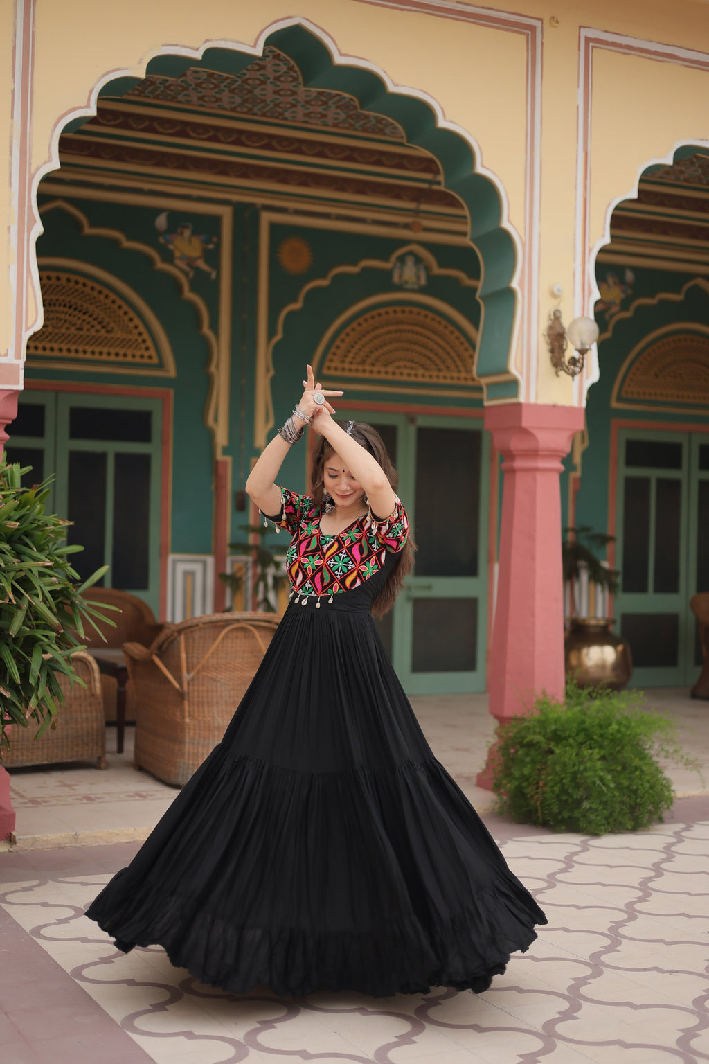 Black rayon Kutchi Gamthi embroidered Mahika designer gown