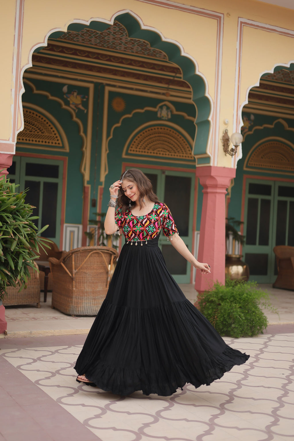 Black rayon Kutchi Gamthi embroidered Mahika designer gown