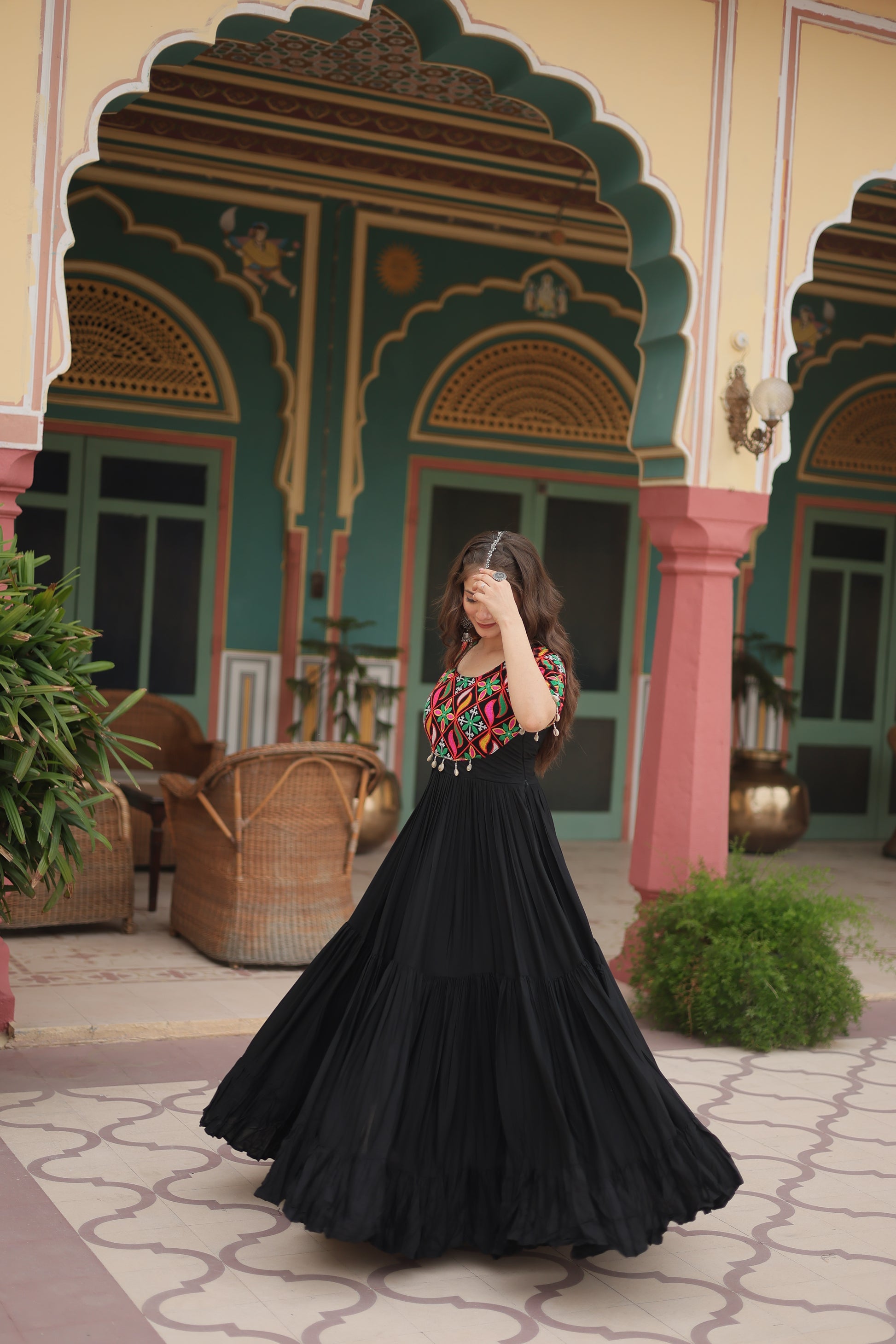 Black rayon Kutchi Gamthi embroidered Mahika designer gown