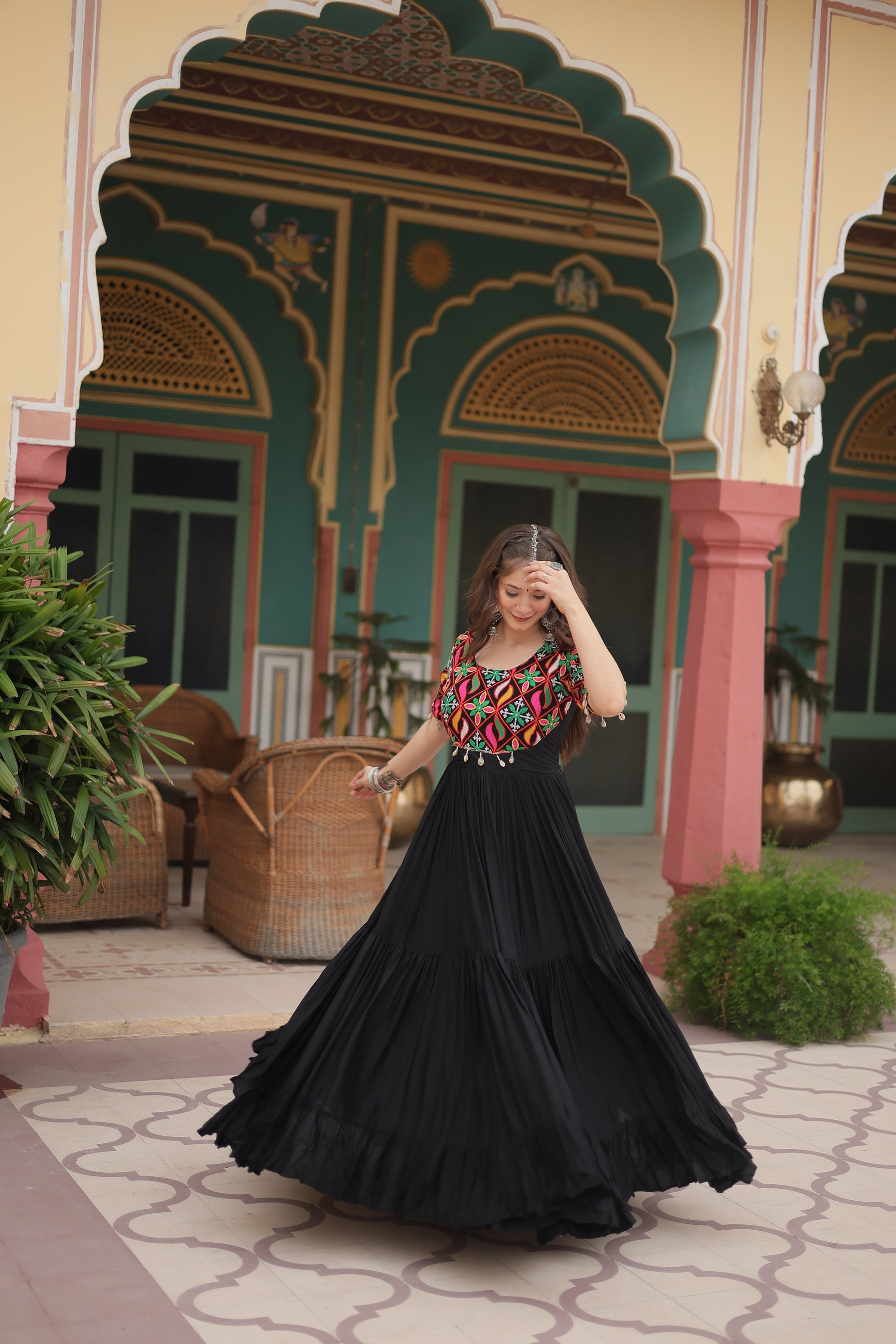 Black rayon Kutchi Gamthi embroidered Mahika designer gown