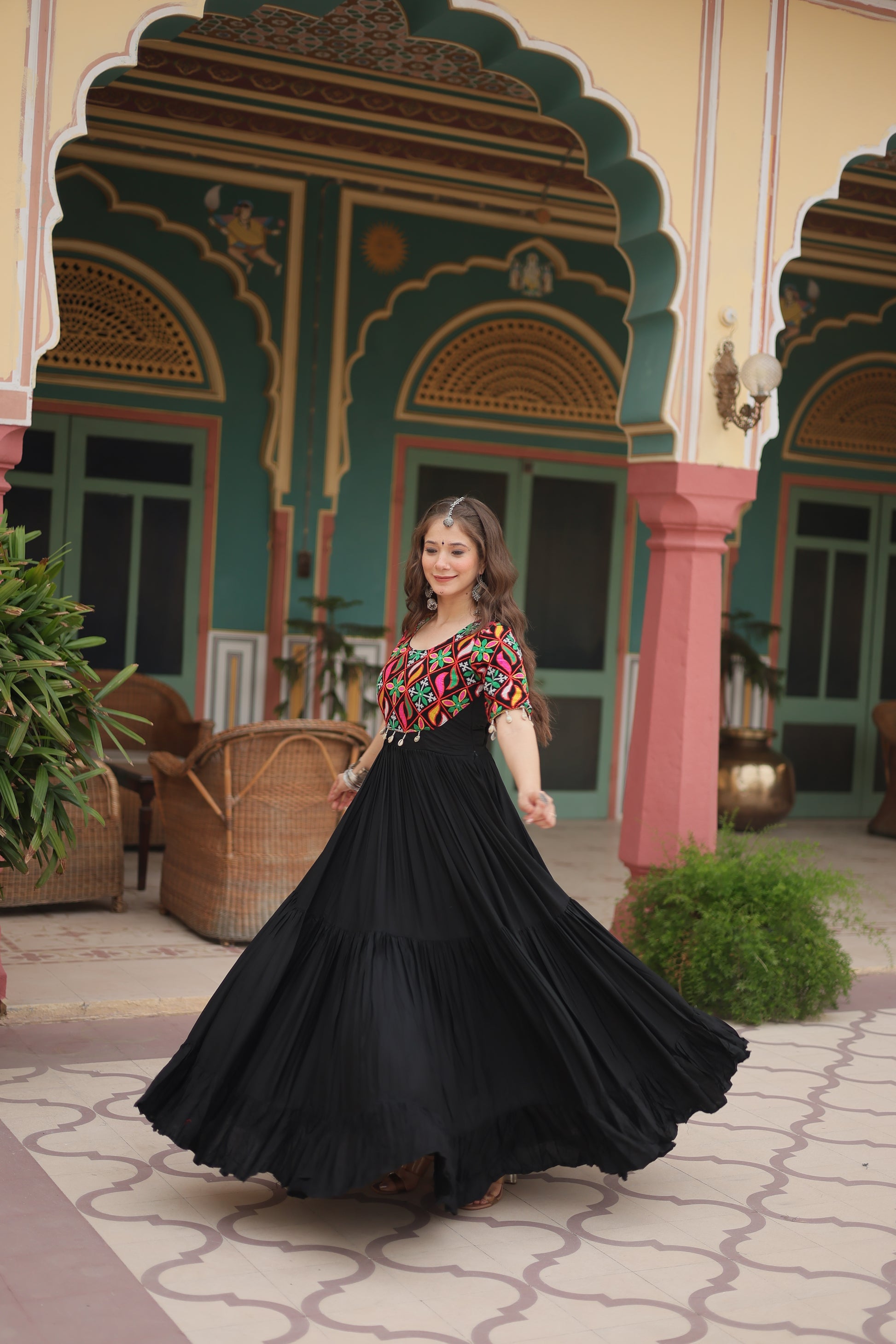 Black rayon Kutchi Gamthi embroidered Mahika designer gown