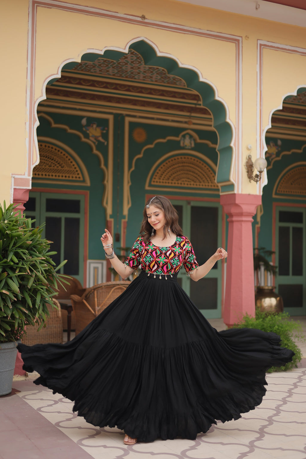 Black rayon Kutchi Gamthi embroidered Mahika designer gown