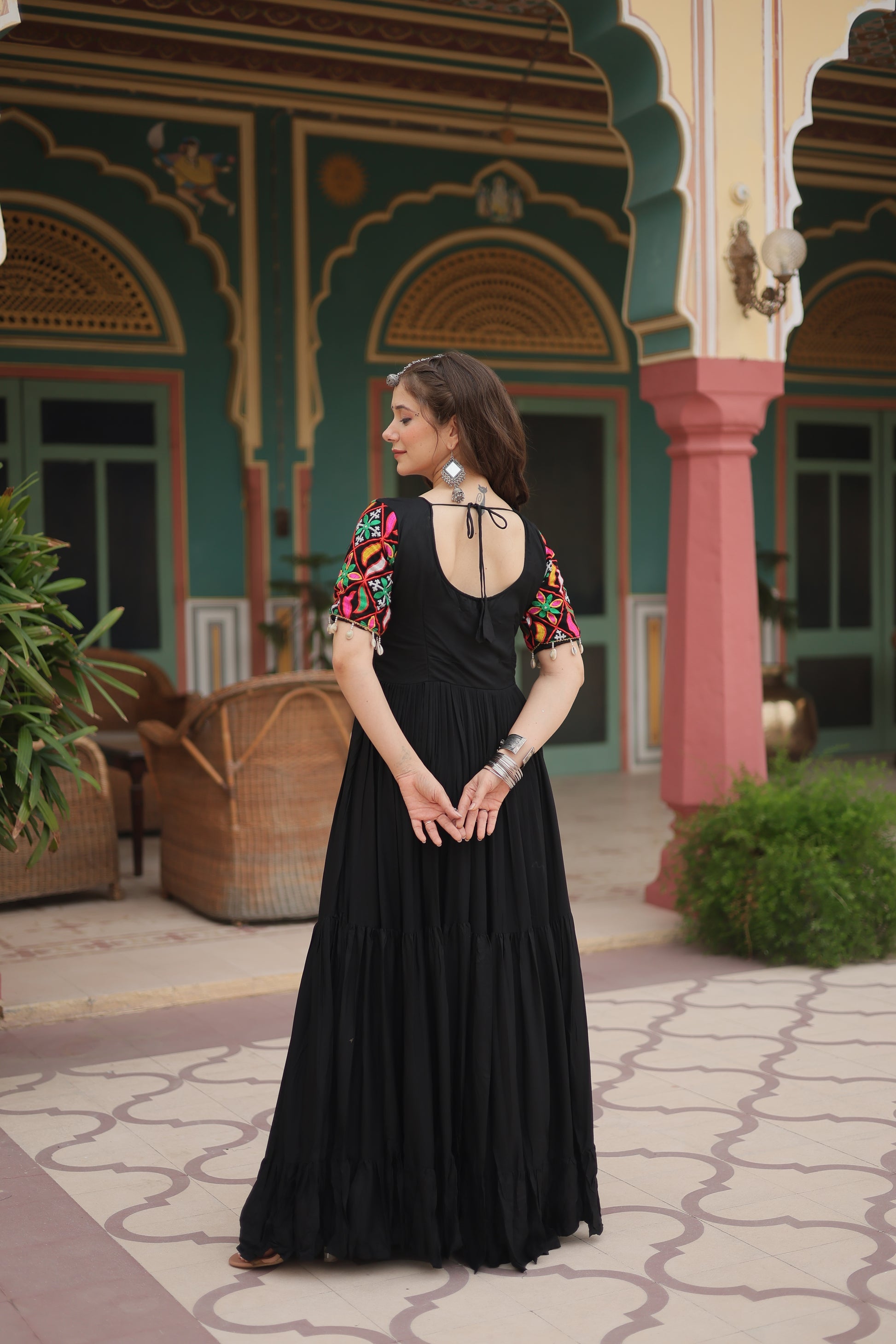 Black rayon Kutchi Gamthi embroidered Mahika designer gown