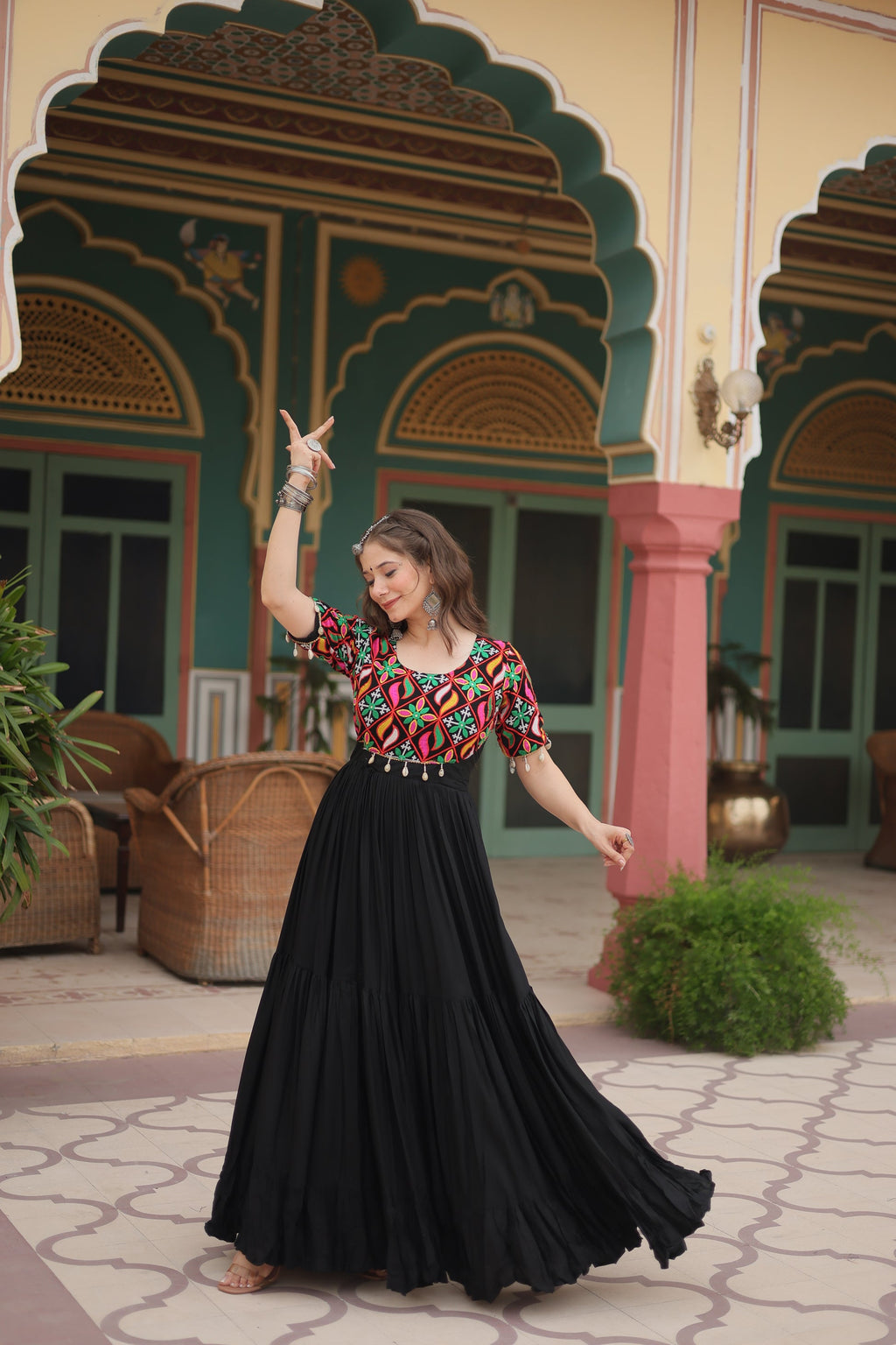 Black rayon Kutchi Gamthi embroidered Mahika designer gown