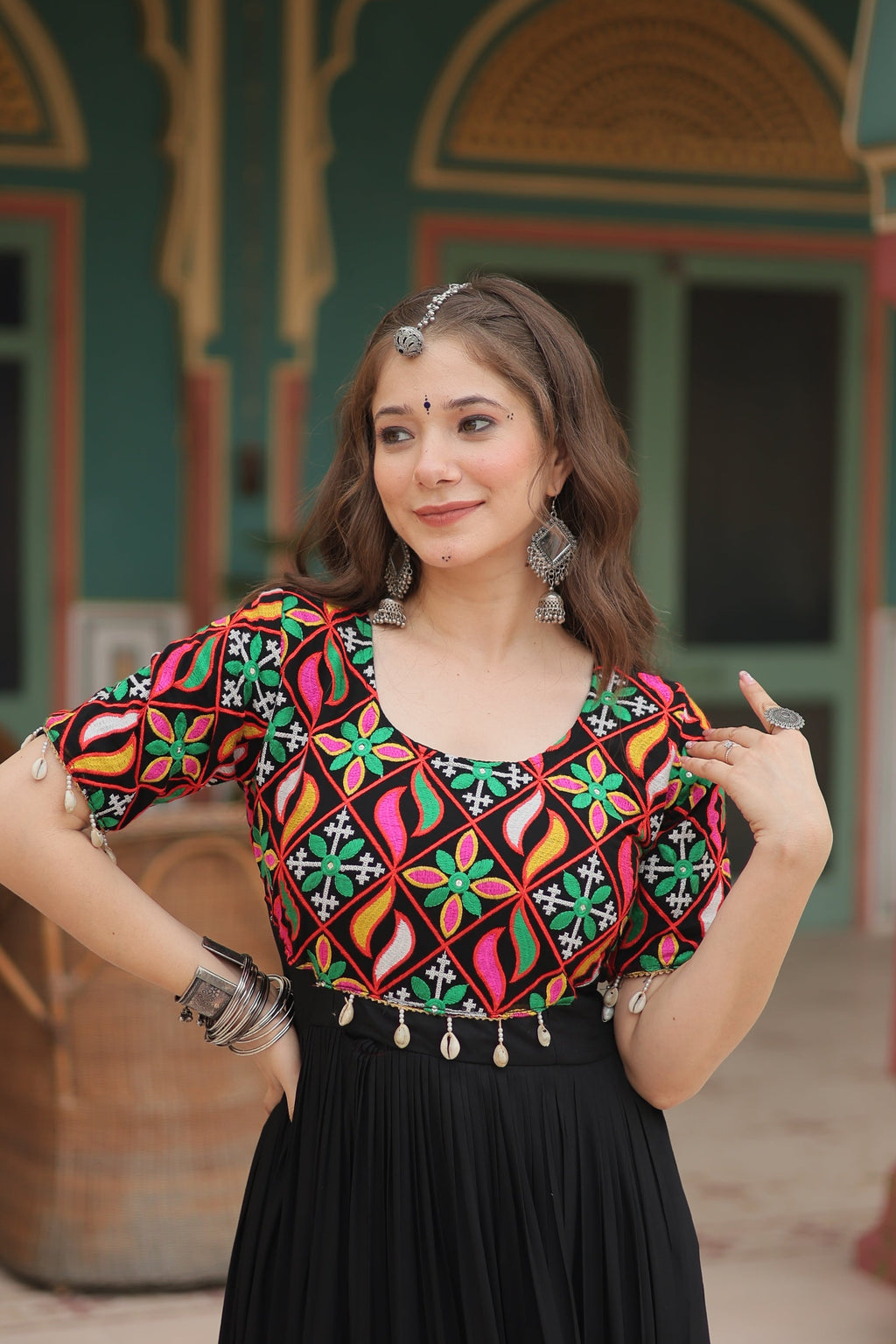Black rayon Kutchi Gamthi embroidered Mahika designer gown