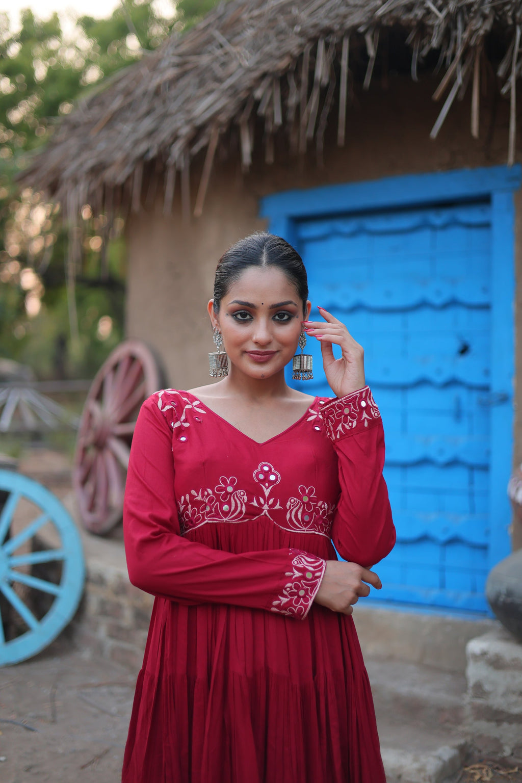 Maroon mirror embroidered Manasvi designer Anarkali gown