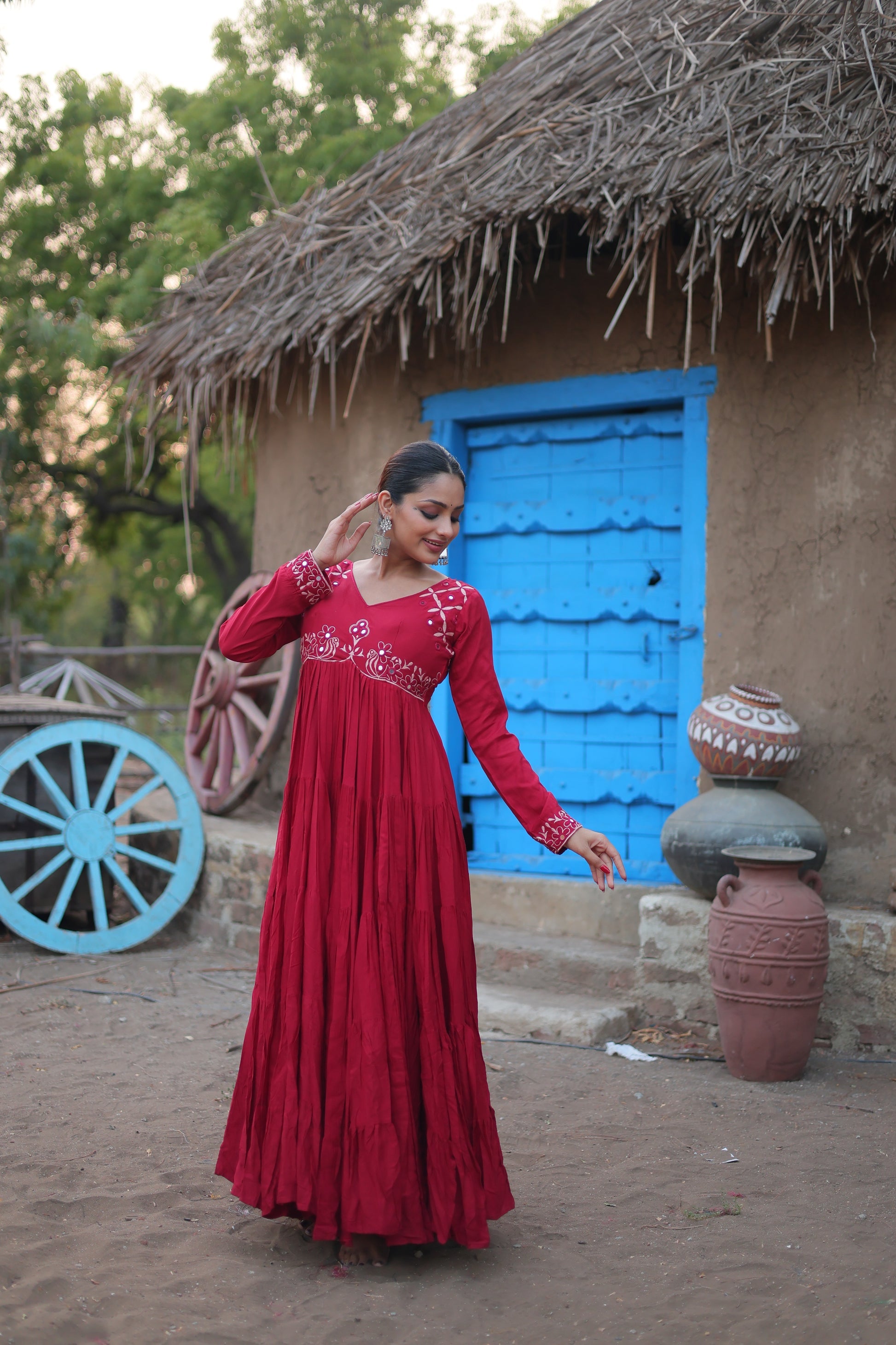 Maroon mirror embroidered Manasvi designer Anarkali gown