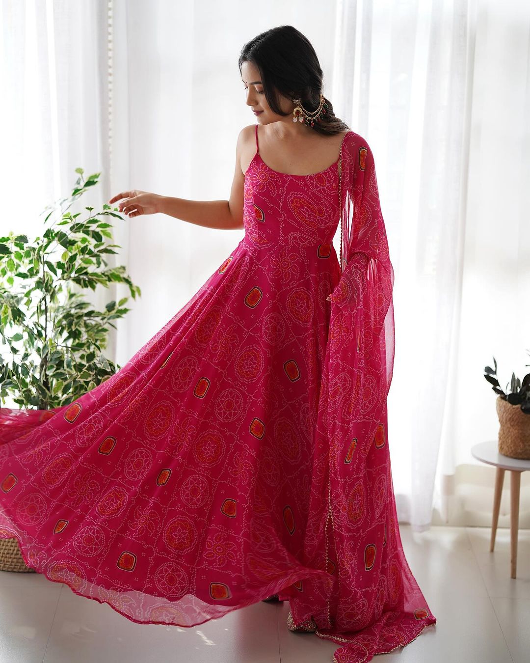 Manmayi pink bandhani printed Anarkali gown set