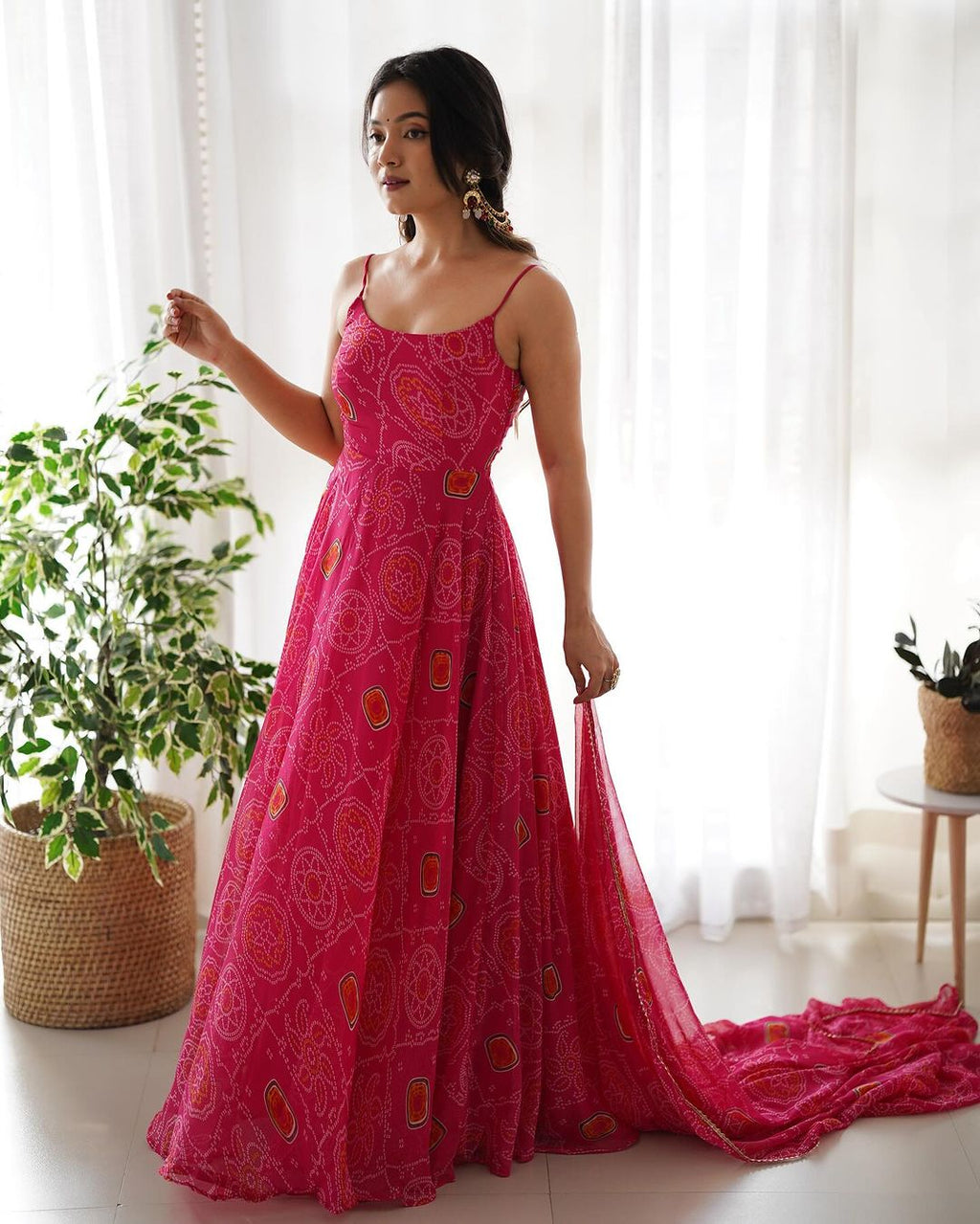 Manmayi pink bandhani printed Anarkali gown set