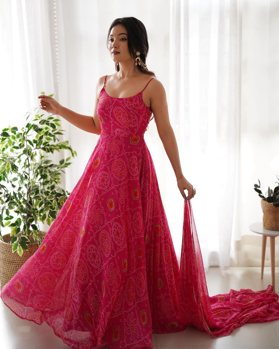 Manmayi pink bandhani printed Anarkali gown set
