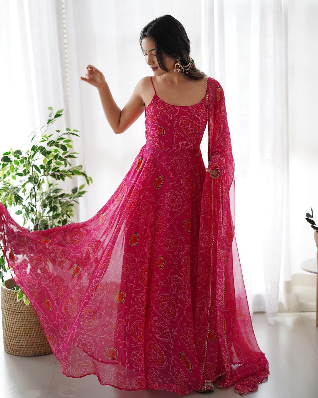 Manmayi pink bandhani printed Anarkali gown set