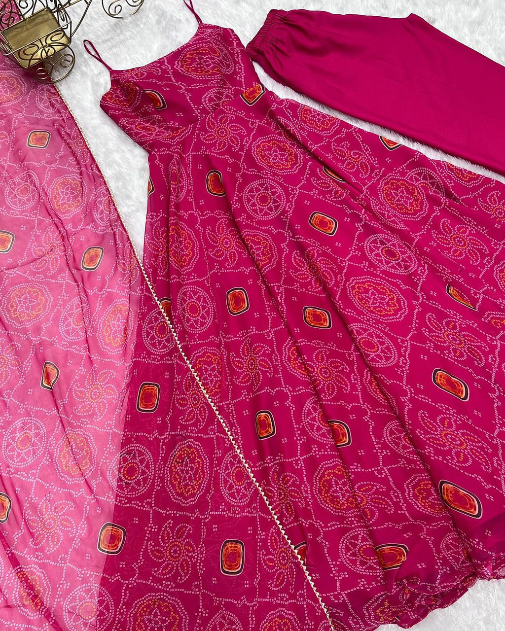 Manmayi pink bandhani printed Anarkali gown set