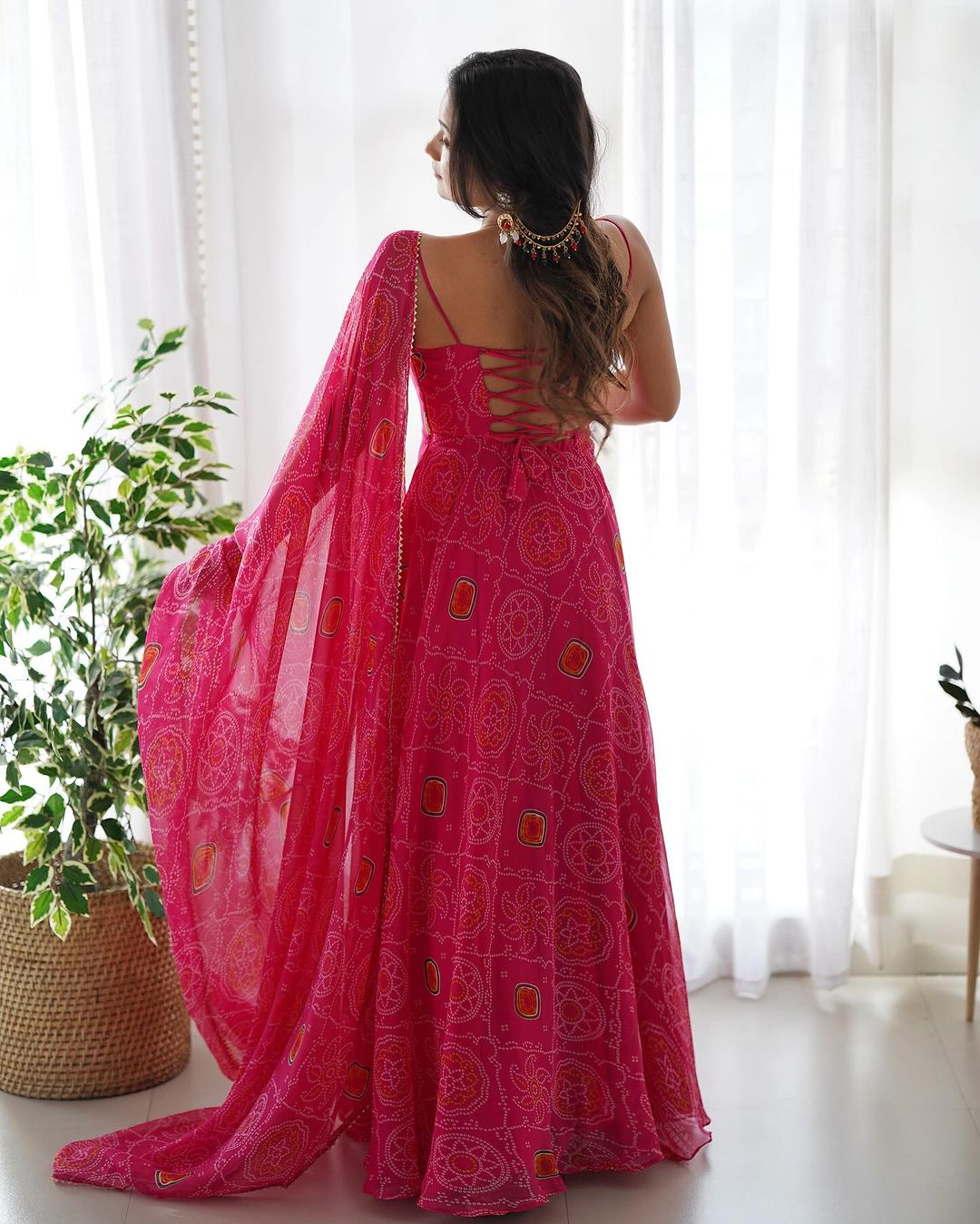 Manmayi pink bandhani printed Anarkali gown set