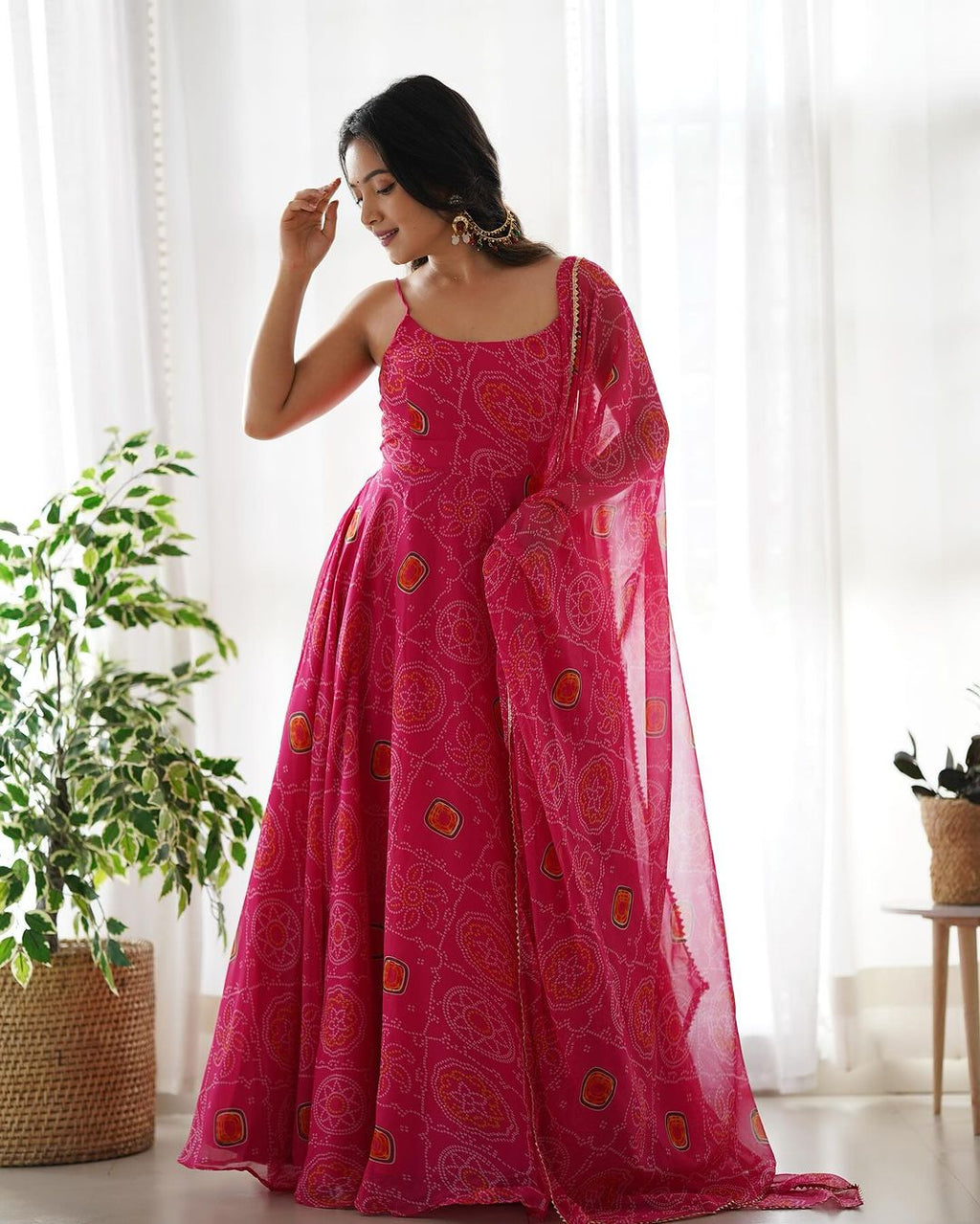 Manmayi pink bandhani printed Anarkali gown set