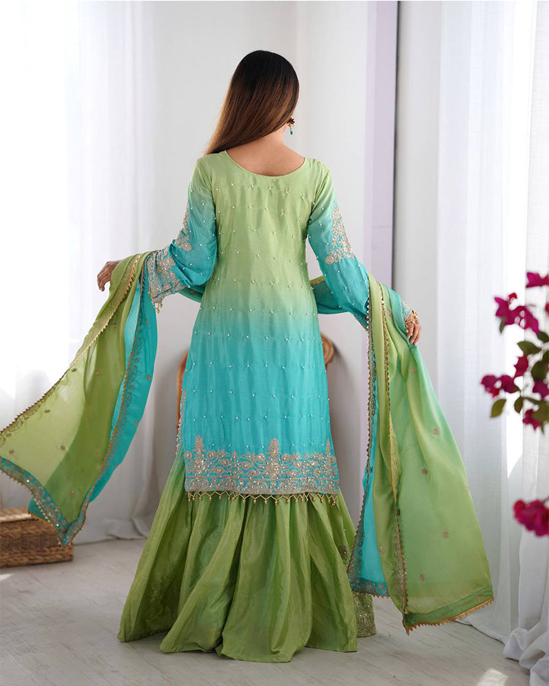 Manvisha Pista Green Embroidered Sharara Suit Set