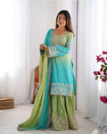Manvisha pista green embroidered sharara suit set
