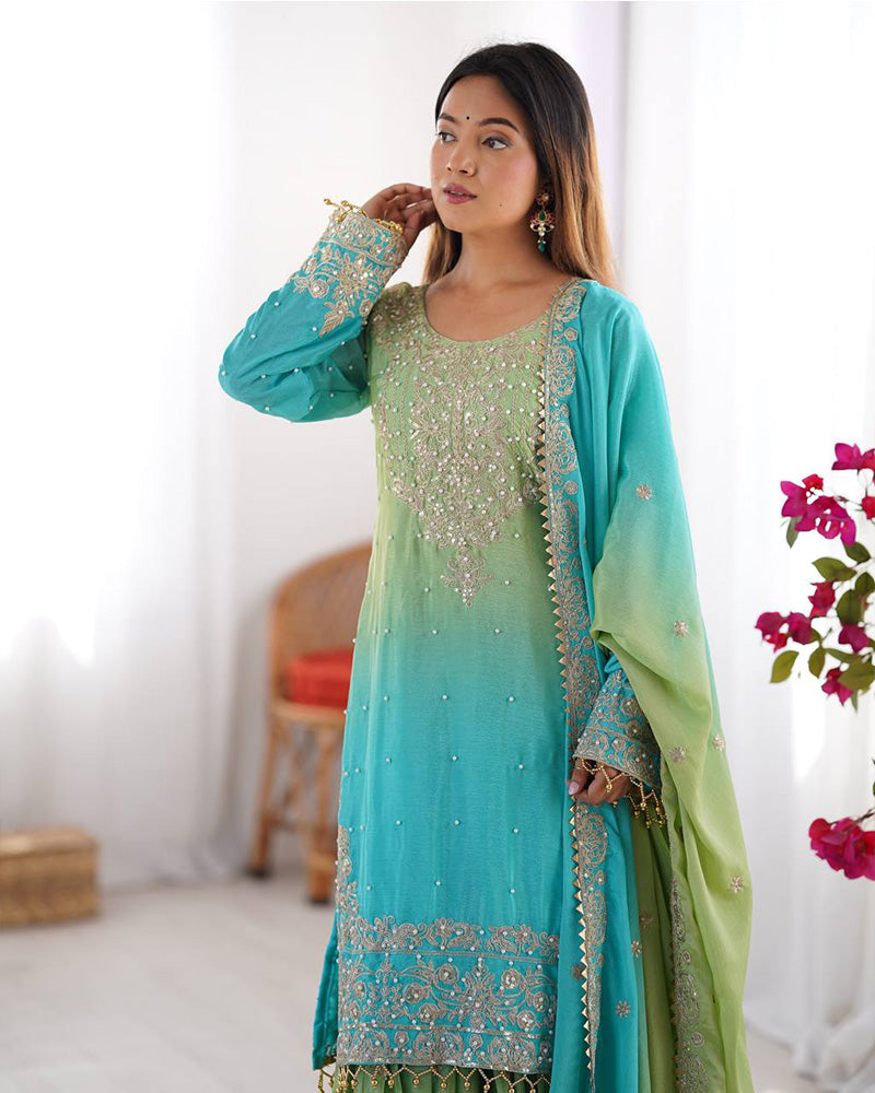 Manvisha Pista Green Embroidered Sharara Suit Set