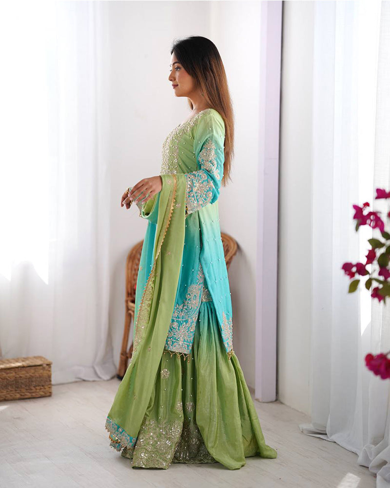 Manvisha pista green embroidered sharara suit set