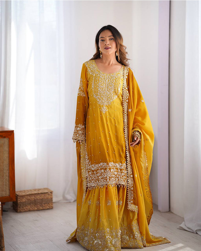 This embroidered sharara suit for party wear is designed for those who appreciate modern ethnic fashion while staying true to traditional Indian clothing styles. Whether it’s a Mehendi outfit, Diwali outfit, or an elegant designer sharara set for a reception, this outfit guarantees a stunning look.