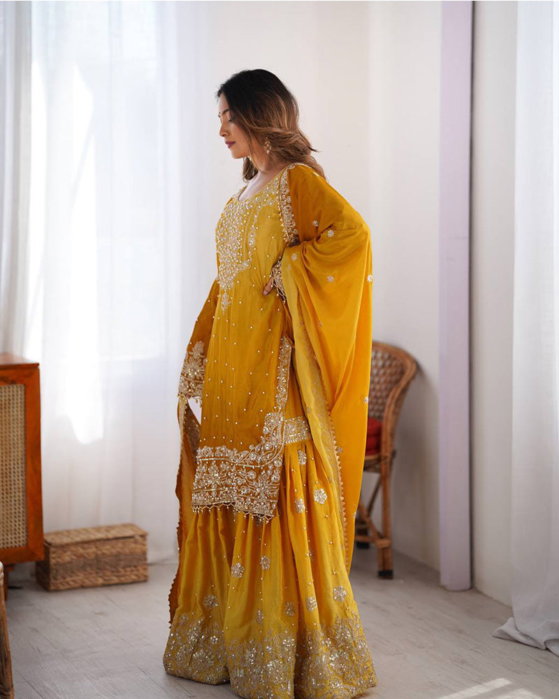 Manvisha Yellow Embroidered Sharara Suit Set
