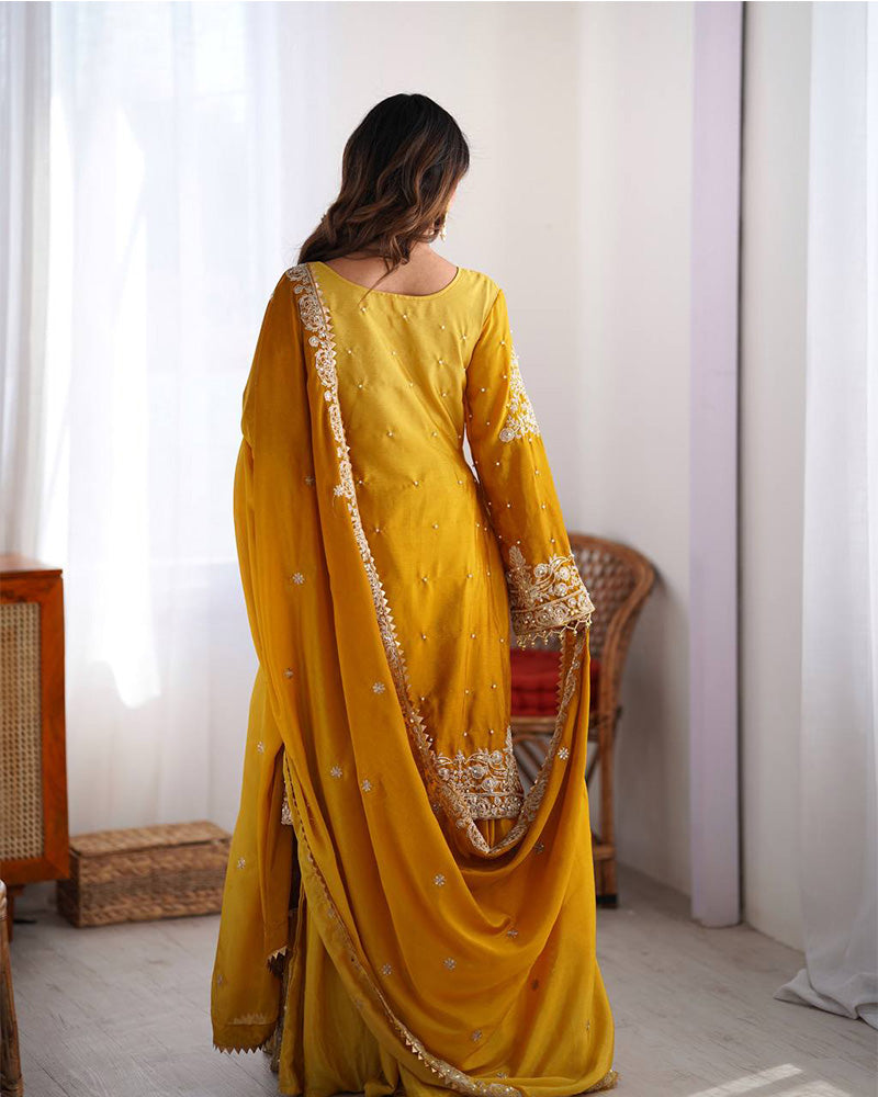 Manvisha Yellow Embroidered Sharara Suit Set