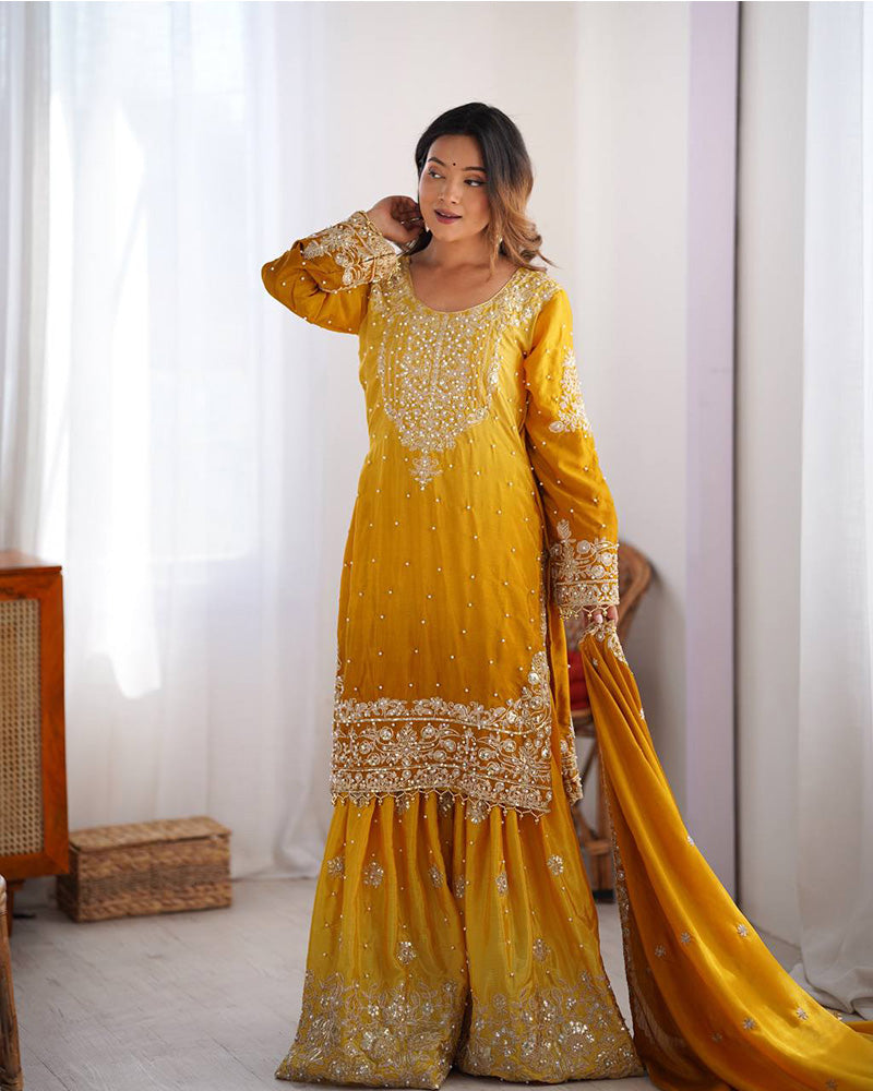 Manvisha Yellow Embroidered Sharara Suit Set