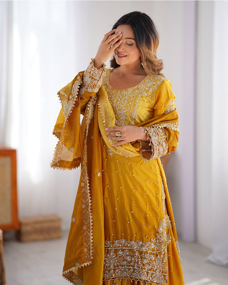 Manvisha Yellow Embroidered Sharara Suit Set