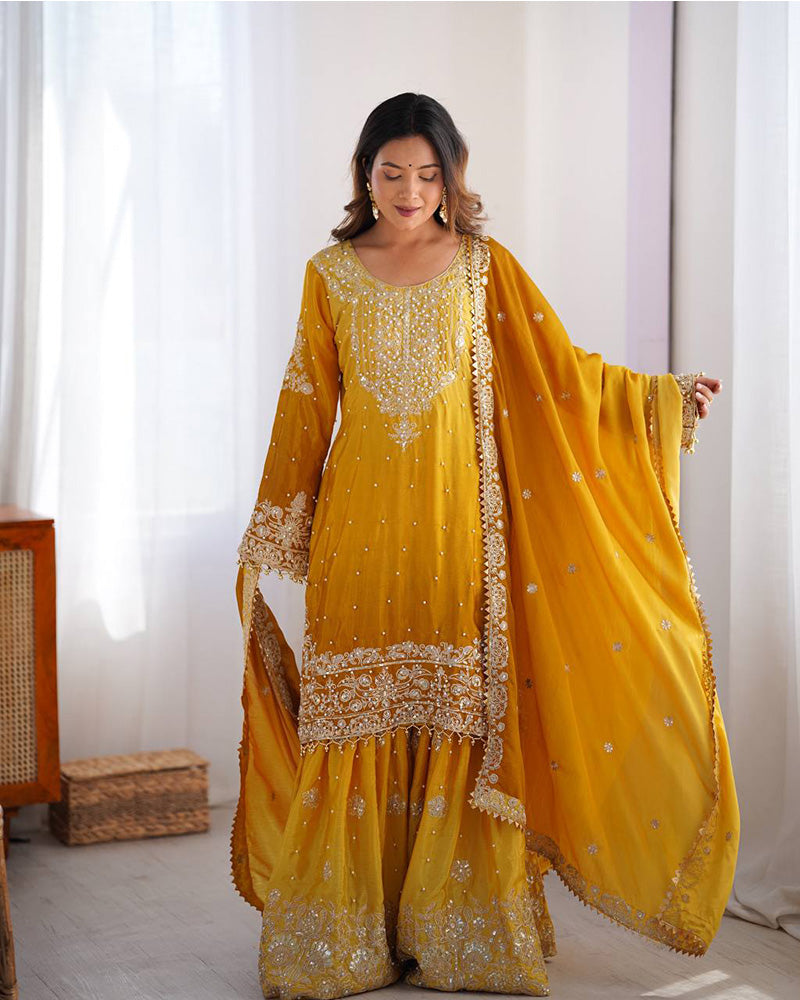 Manvisha Yellow Embroidered Sharara Suit Set