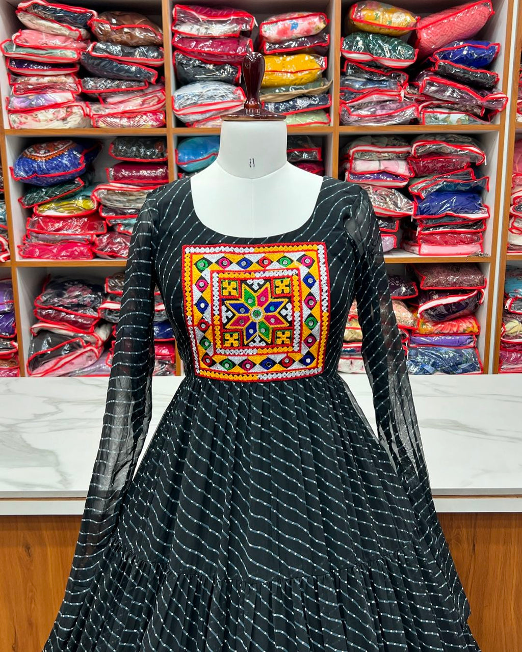 Manvitha black georgette leheriya printed Navratri gown