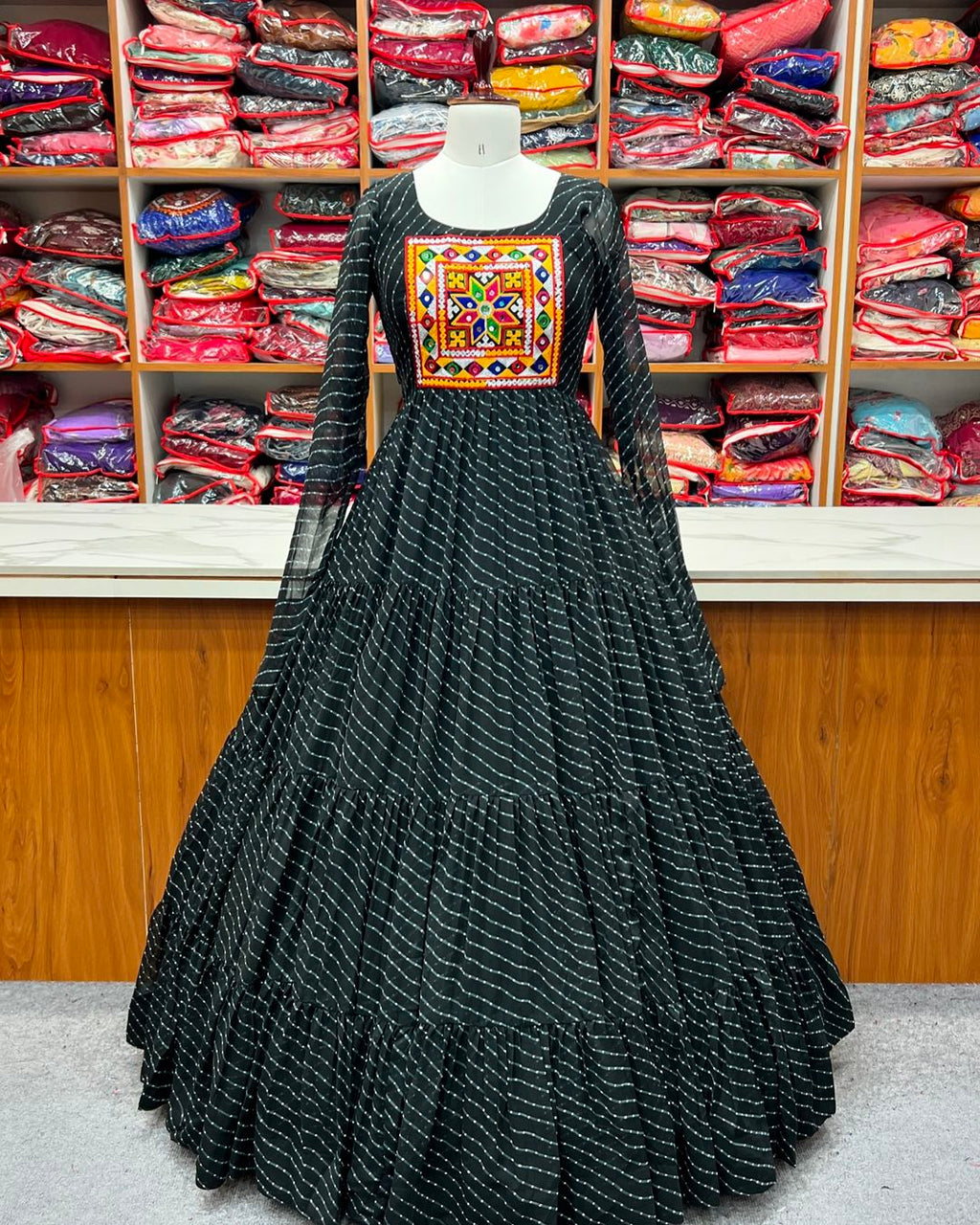 Manvitha black georgette leheriya printed Navratri gown