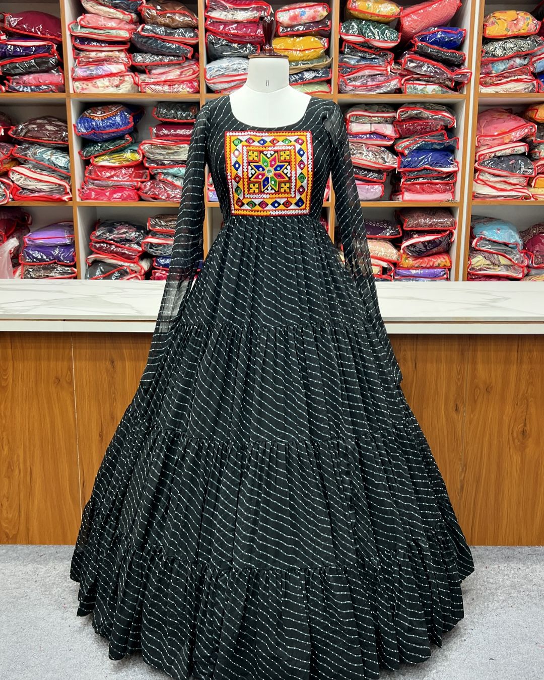Manvitha black georgette leheriya printed Navratri gown