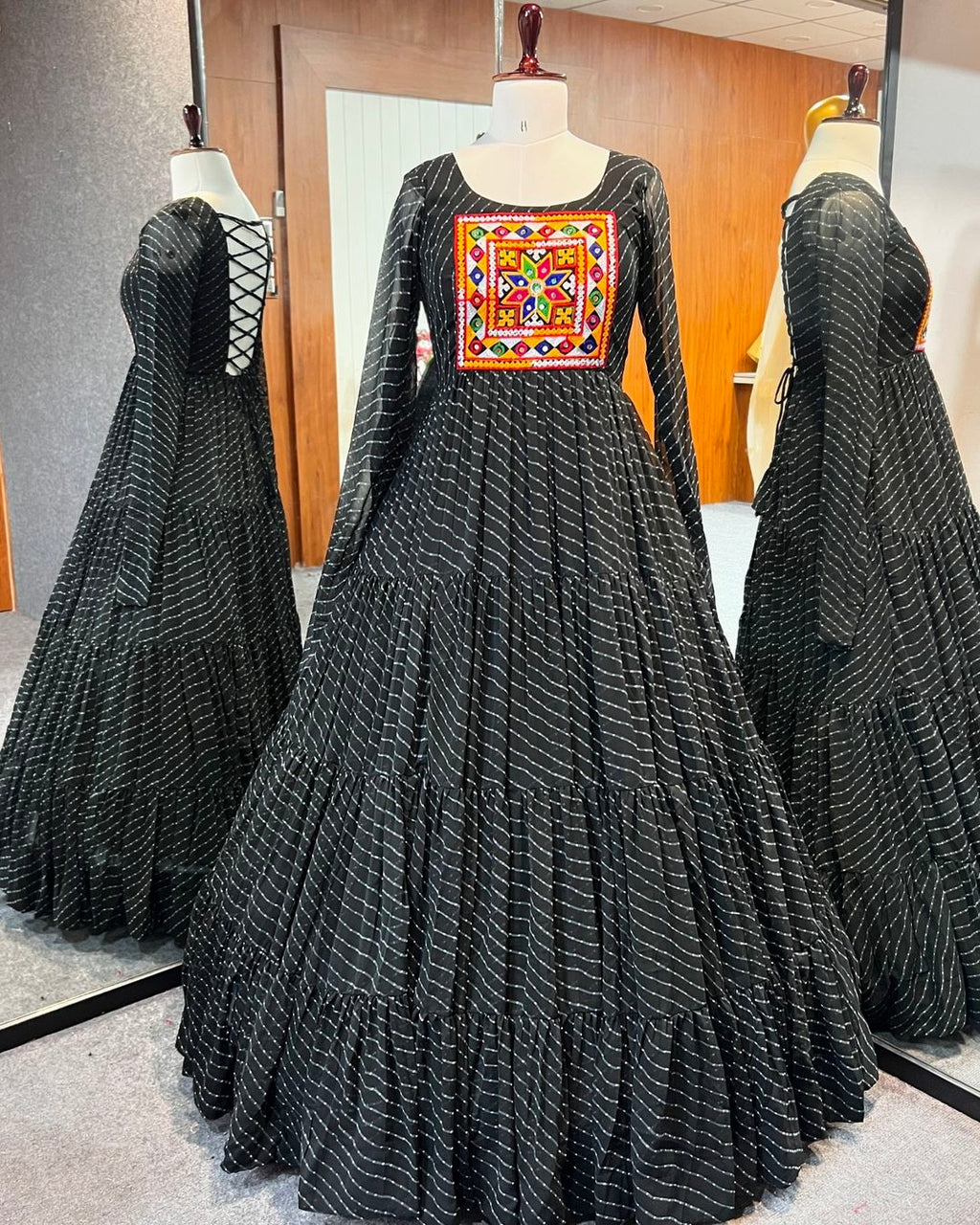 Manvitha black georgette leheriya printed Navratri gown