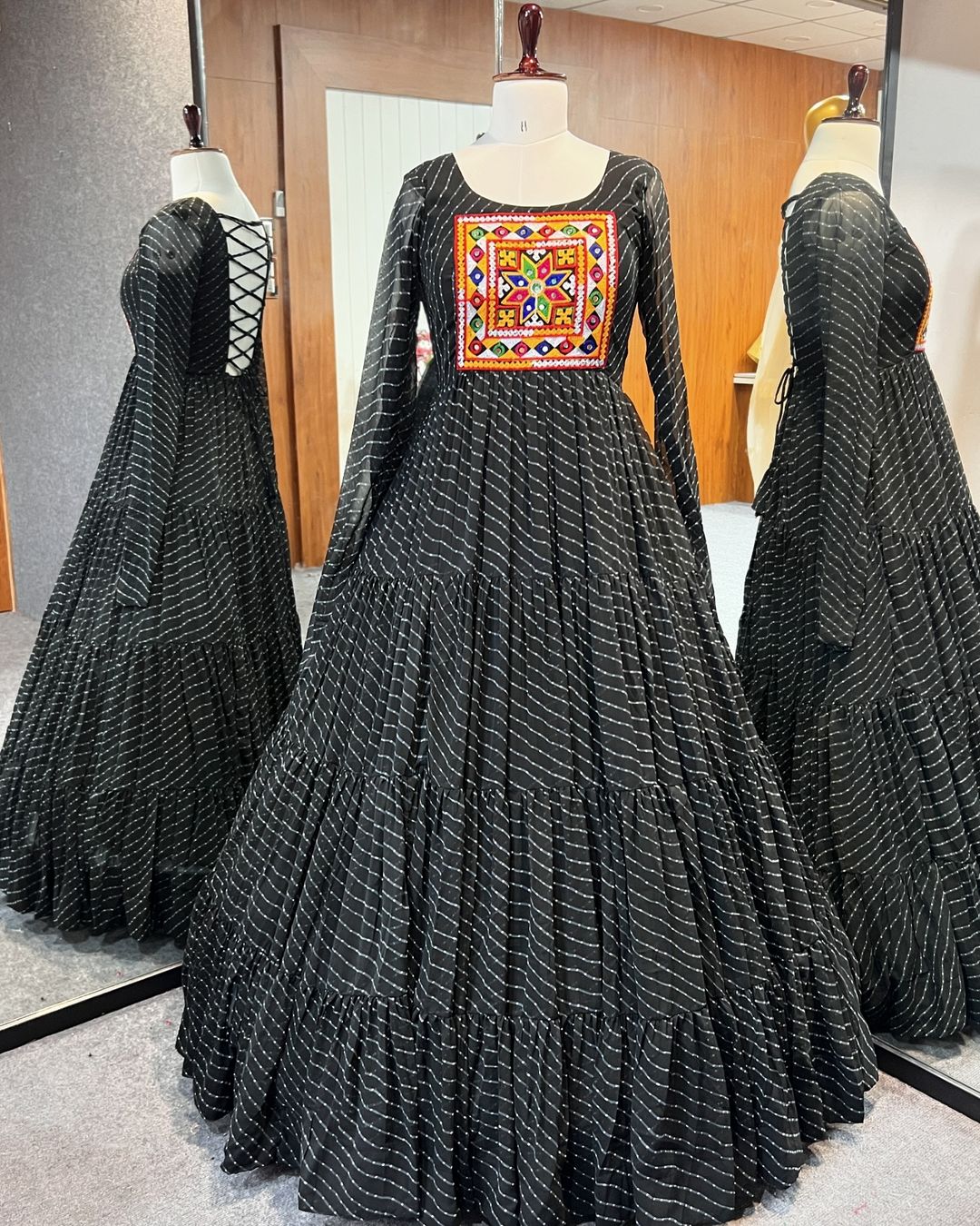 Manvitha black georgette leheriya printed Navratri gown