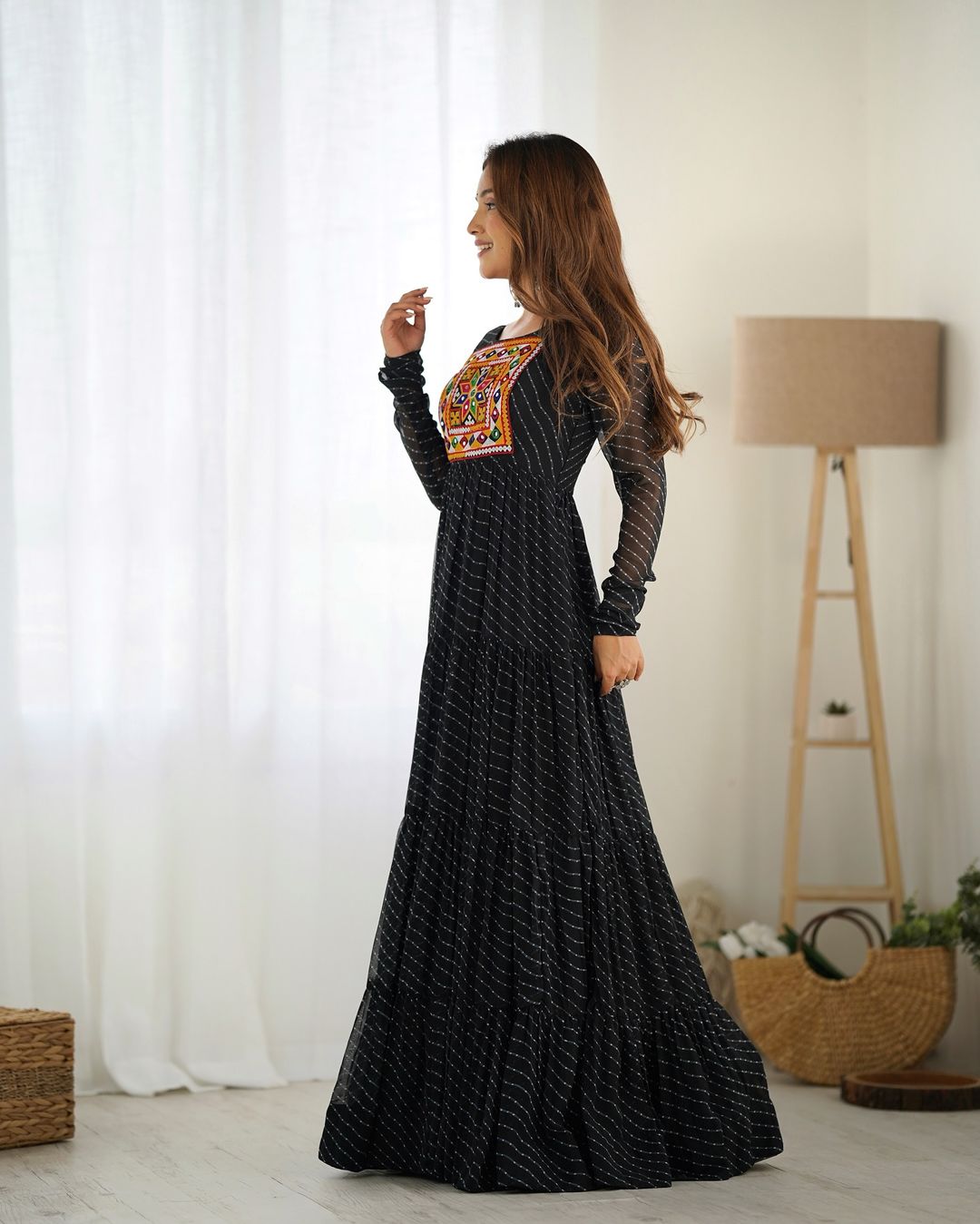 Manvitha black georgette leheriya printed Navratri gown
