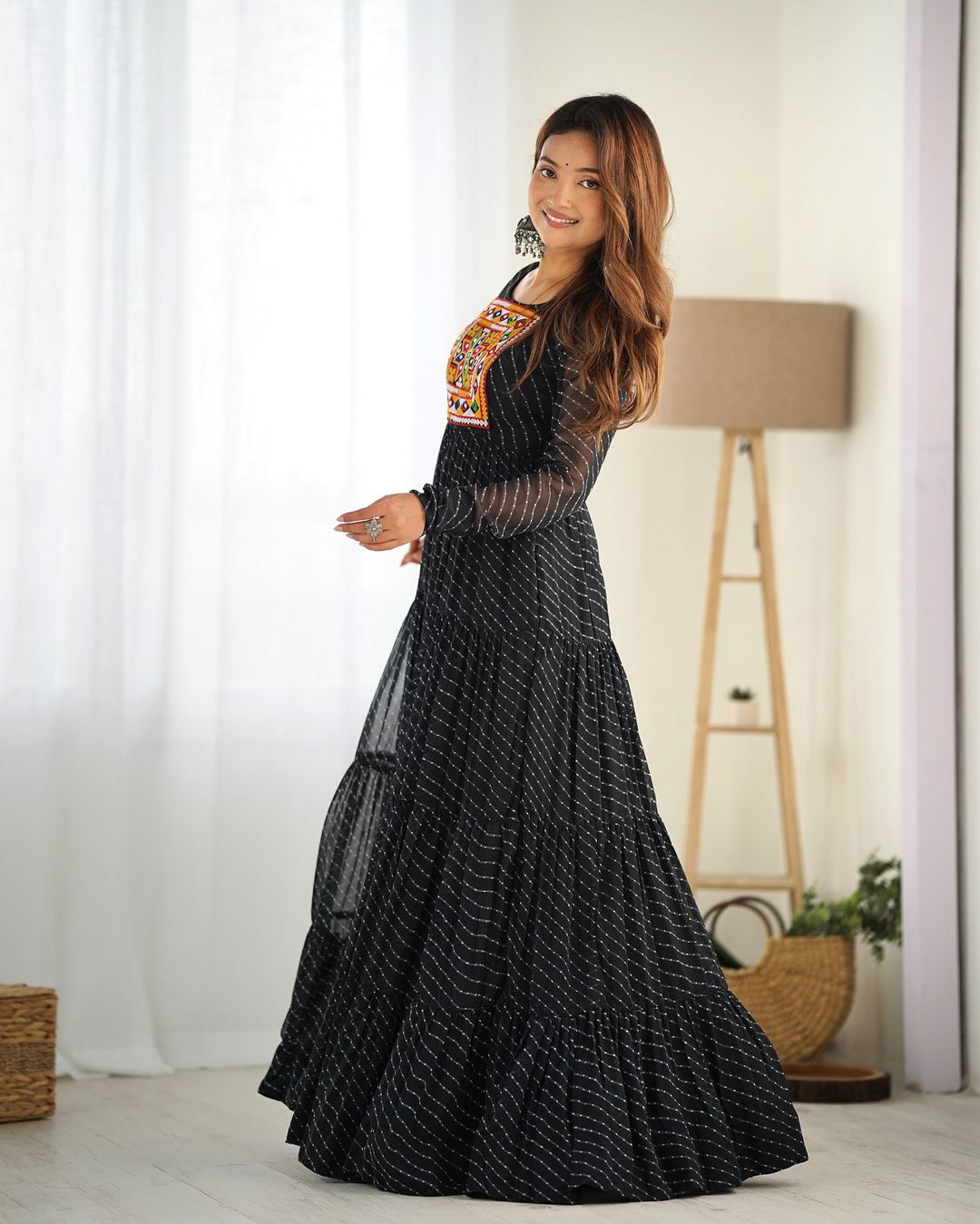 Manvitha black georgette leheriya printed Navratri gown