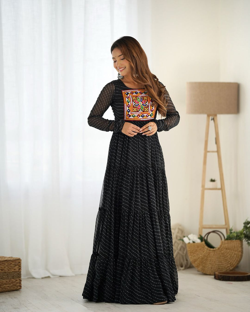 Manvitha black georgette leheriya printed Navratri gown