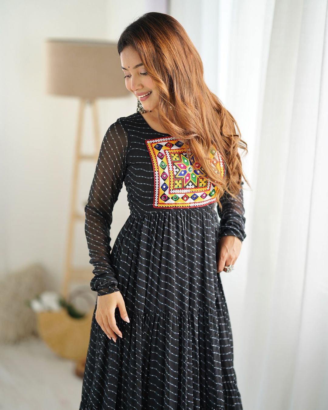 Manvitha black georgette leheriya printed Navratri gown