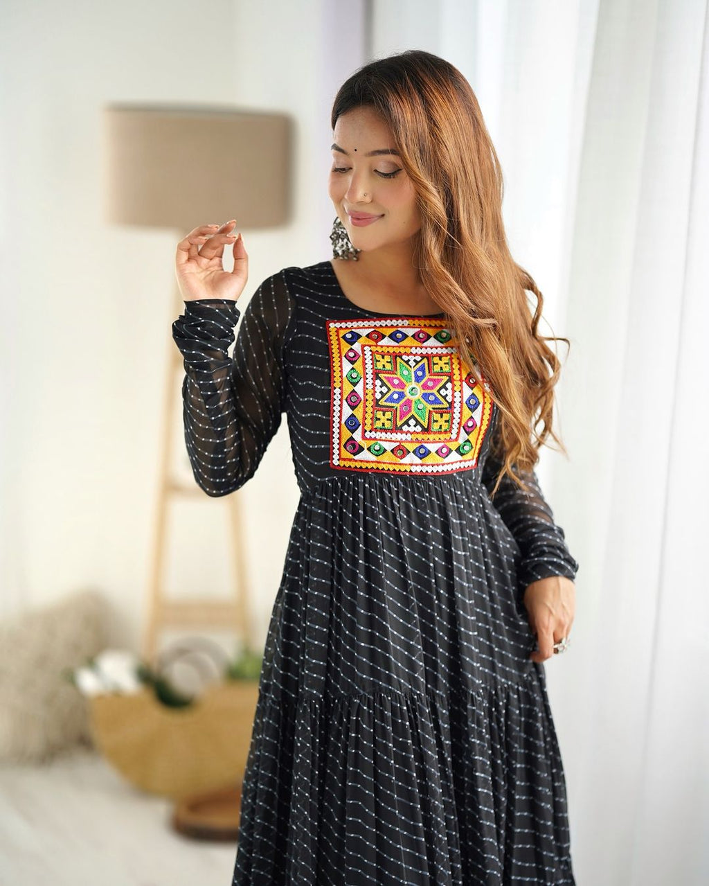 Manvitha black georgette leheriya printed Navratri gown