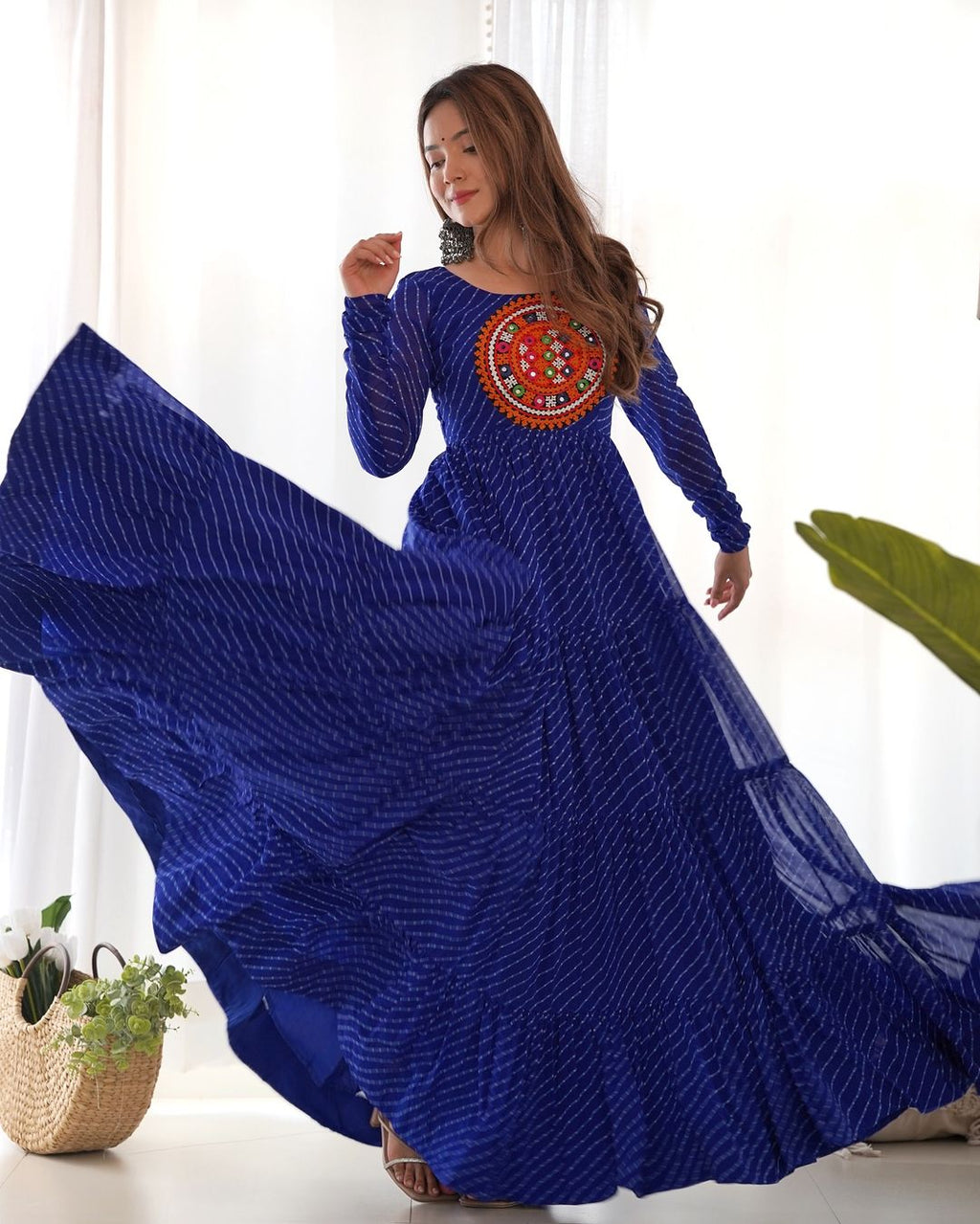 Manvitha blue georgette leheriya printed Navratri gown