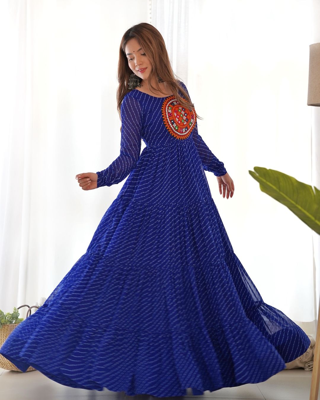 Manvitha blue georgette leheriya printed Navratri gown